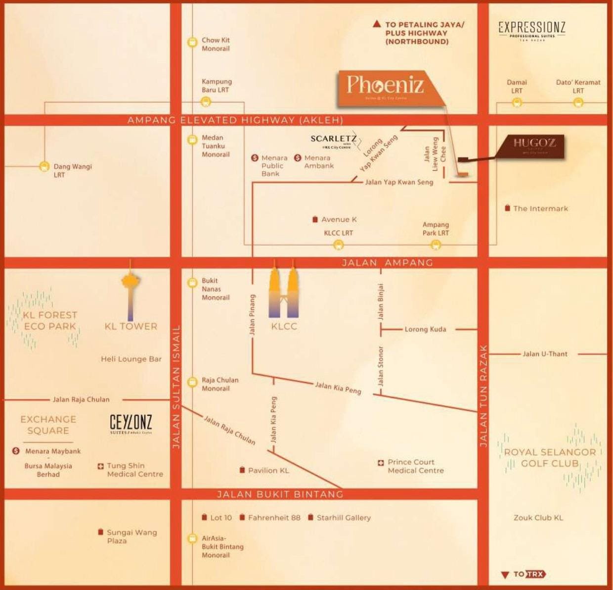 Location map highlighting Phoeniz Suites KLCC by EXSIM along Jalan Yap Kwan Seng, showing surrounding roads, MRT stations, and key landmarks in Kuala Lumpur City Centre.