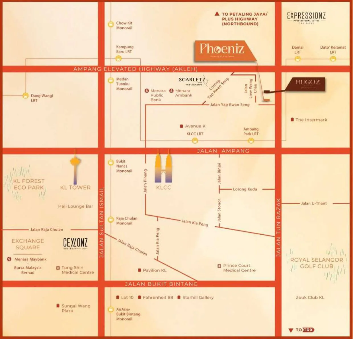 Location map highlighting Phoeniz Suites KLCC by EXSIM along Jalan Yap Kwan Seng, showing surrounding roads, MRT stations, and key landmarks in Kuala Lumpur City Centre.