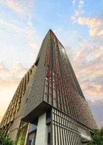 Low angle facade view of Phoeniz Suites @ KLCC, a high-rise serviced residence near Kuala Lumpur city centre.