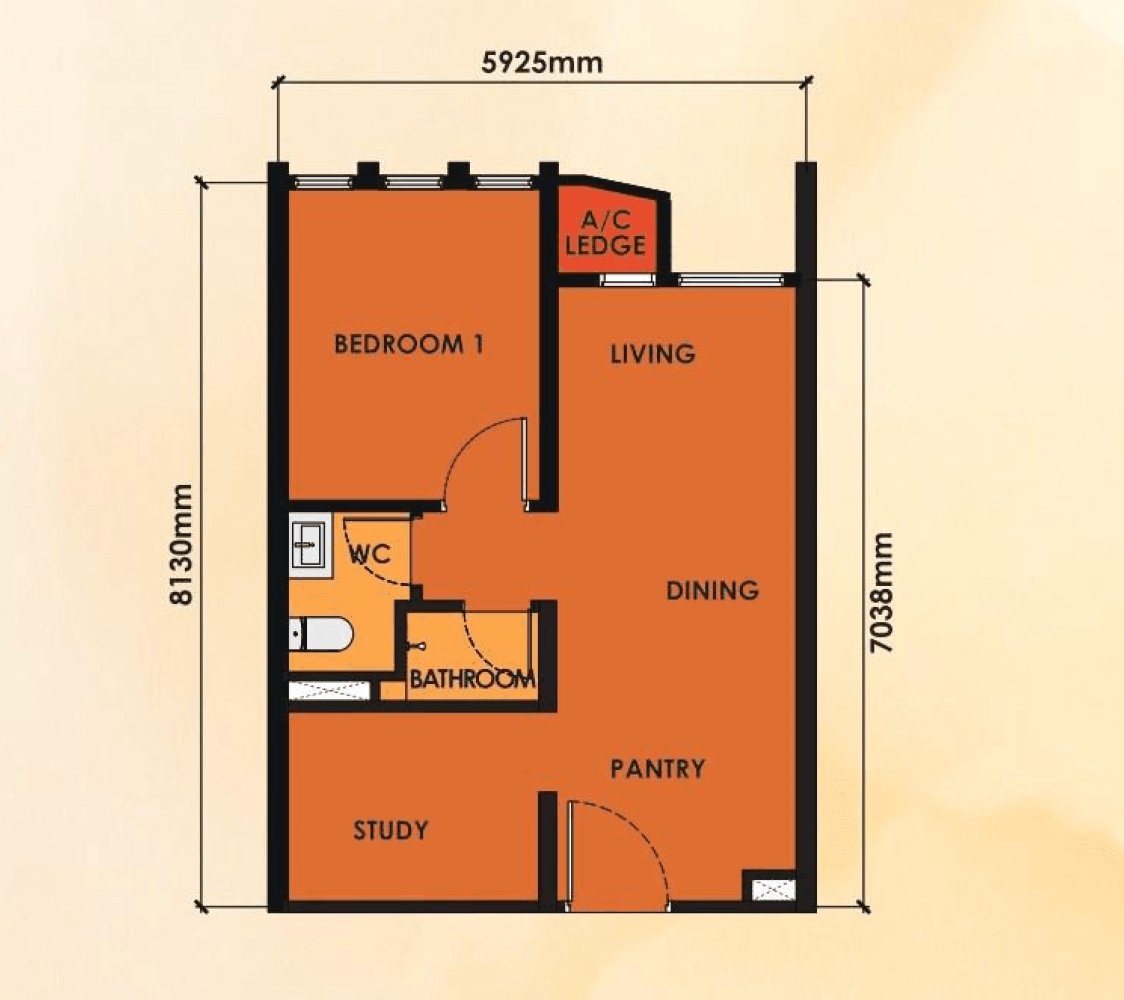 Type A layout plan at Phoeniz Suites KLCC by EXSIM, approximately 484 square feet featuring a bedroom, study area, living and dining space with functional urban layout